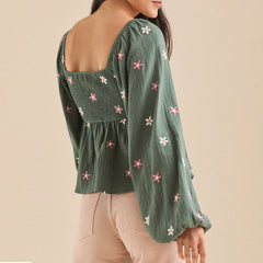 Floral Embroidered Square Neck Peplum Top