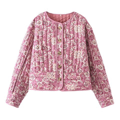 Floral quilted puffer jacket, front view
