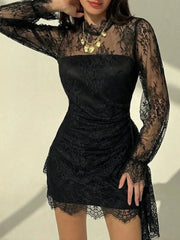 Black lace turtleneck long sleeve mini dress