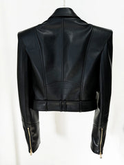 Women's double breasted faux leather short jacket with belt for streetwear.