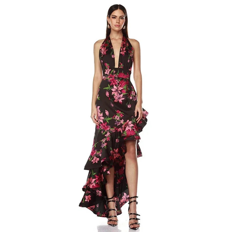 Floral halter neck asymmetrical ruffle maxi dress - front view
