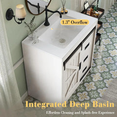 "Modern farmhouse sliding barn door vanity with sink for rustic bathroom decor"