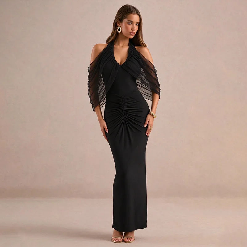 Black halter neck open shoulder maxi dress
