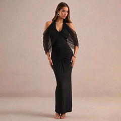 Black halter neck open shoulder maxi dress