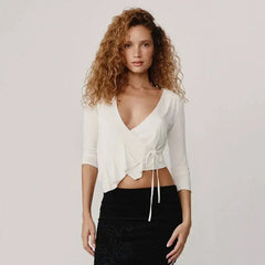 Ruched Wrap Neck 3/4 Sleeve Crop Top