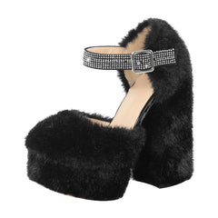 Faux Fur Platform Chunky Heel Sandals