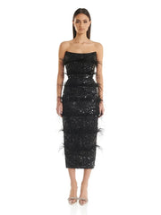 Black sequin and feather strapless evening gown, front view.