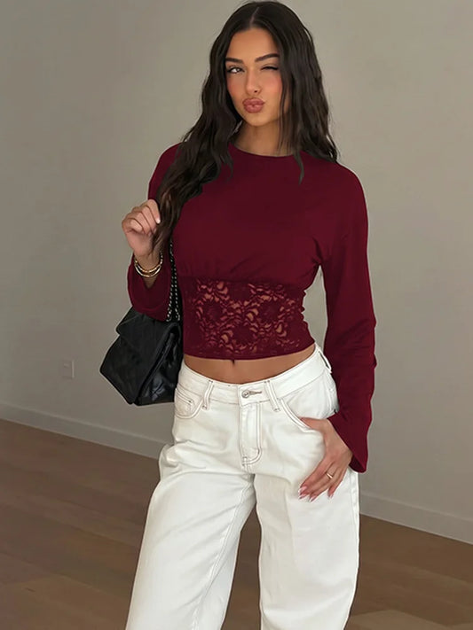 Burgundy lace trim long sleeve cropped top