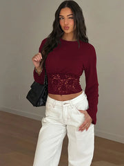Burgundy lace trim long sleeve cropped top
