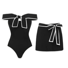 Off-the-Shoulder Bow Swimsuit with Contrast Trim Two-Piece Set
