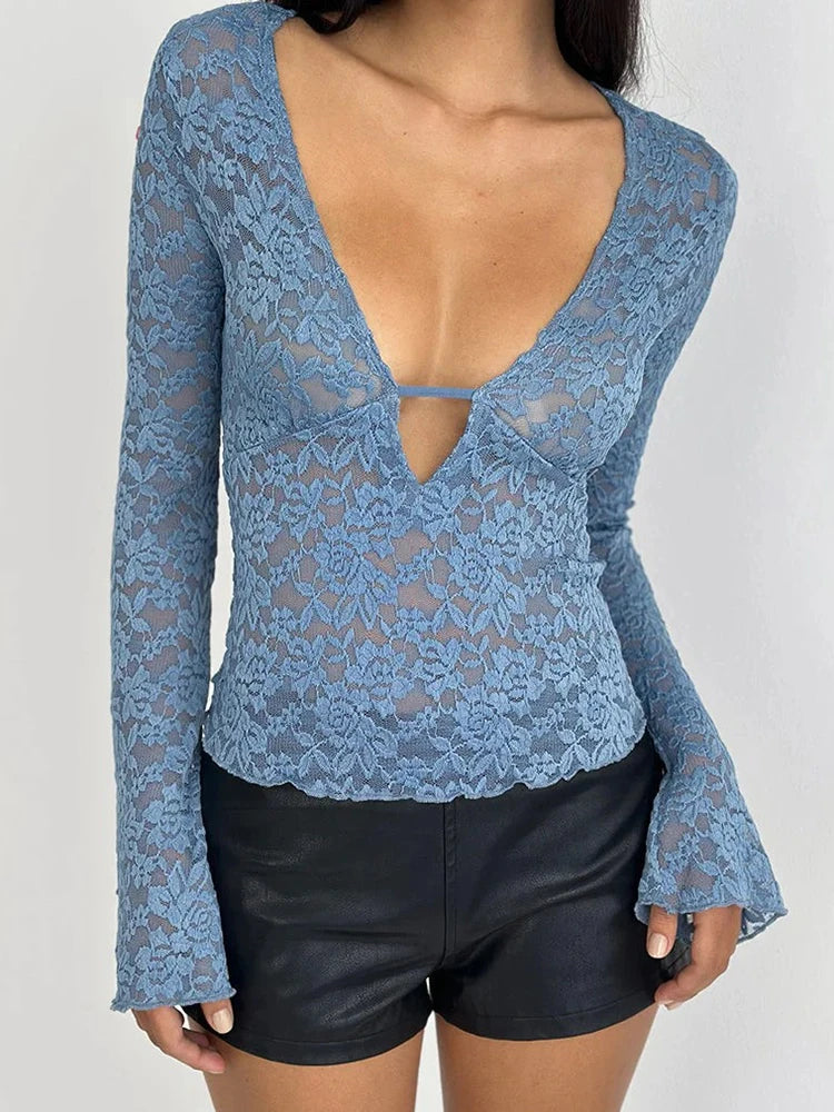 Sheer lace V-neck long sleeve top in blue
