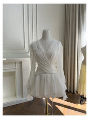 White Pleated V-Neck Long Sleeve Wrap Mini Dress