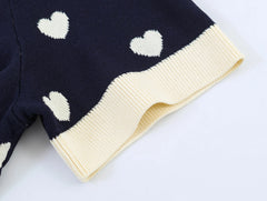 Navy Heart Jacquard Polo Knit Top