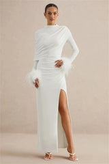 Draped Feather Cuff Maxi Dress