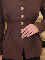 Peplum Waist V-Neck Pearl Button Blazer