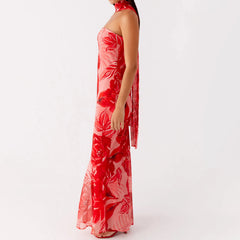 Red floral dress on a white background