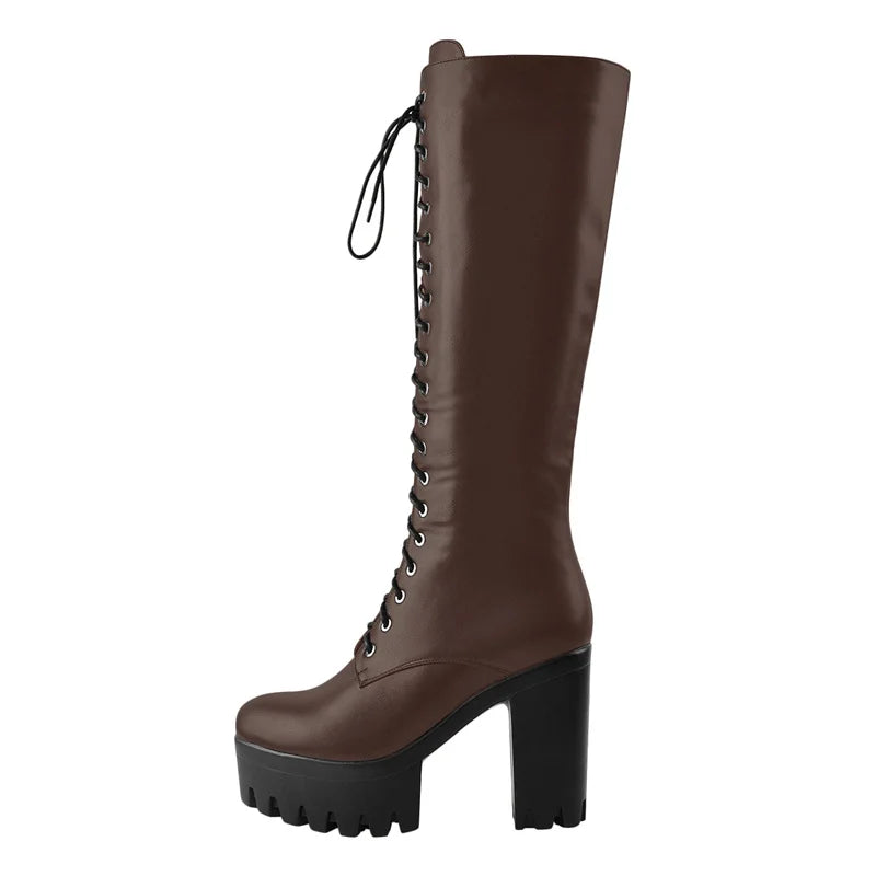 Brown platform lace-up round toe knee-high boots, side view.