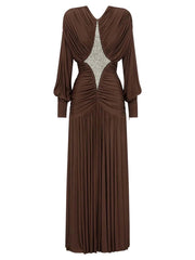 Brown Draped Sequin Star Embellished Maxi Dress