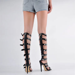 Gladiator Round Toe Hollow Buckle Strap Thigh High Stiletto Heels