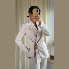 Ruched Waist Gold Buckle Blazer and Wide Leg Pants Set