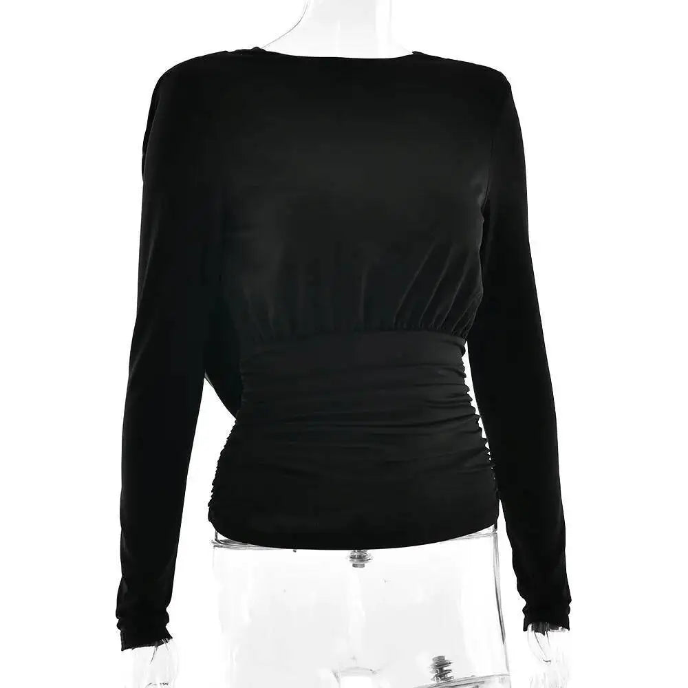 Black long-sleeve top on a mannequin against a white background