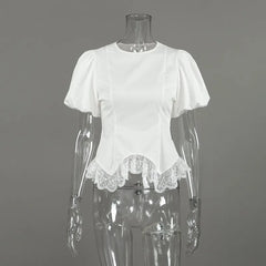 White Puff Sleeve Lace Trim Peplum Top