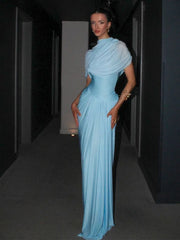 Shawl Blue Pleated Long Dress