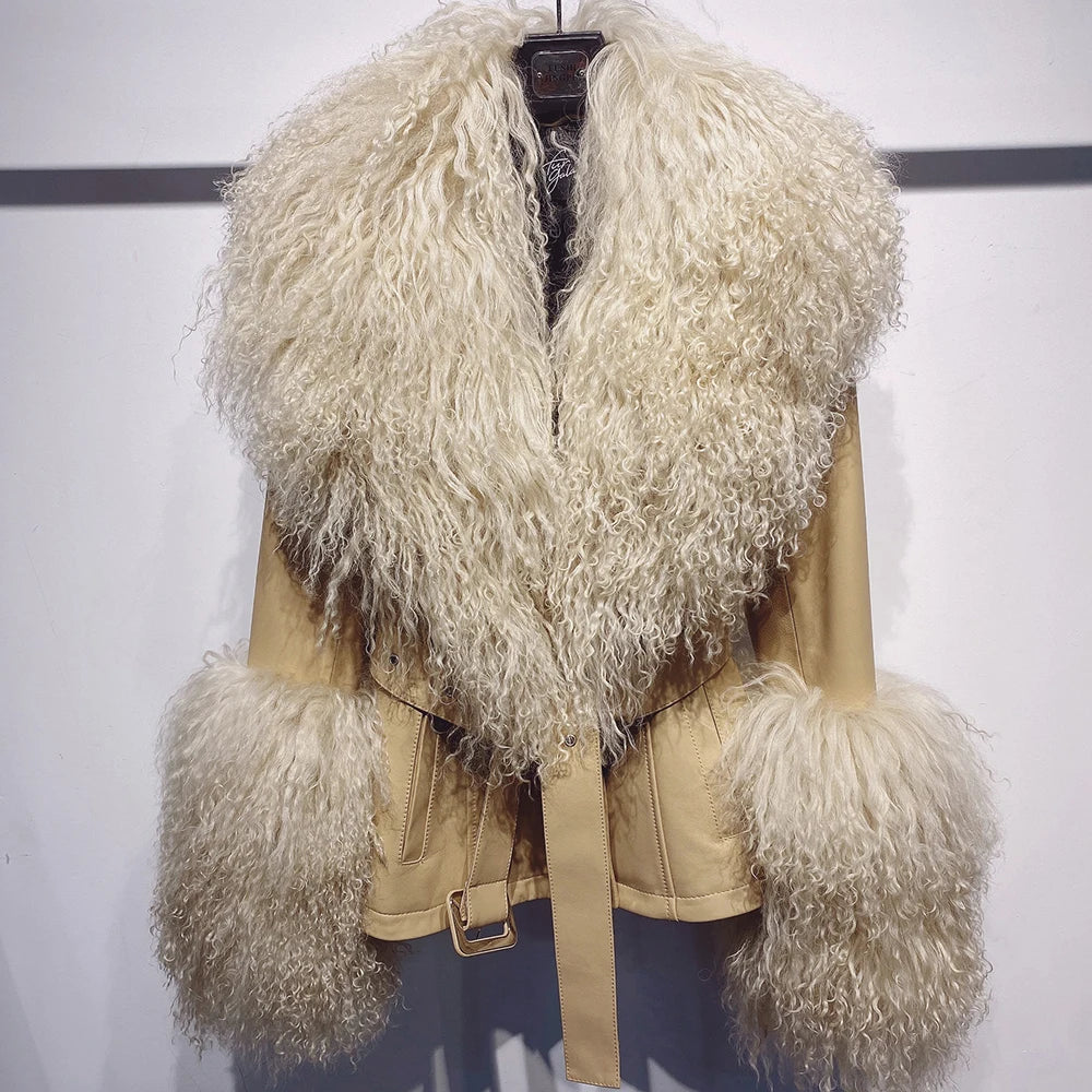 Beige jacket with fluffy white fur trim 