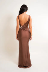 One Shoulder Low Back Draped Buckle Maxi Dress