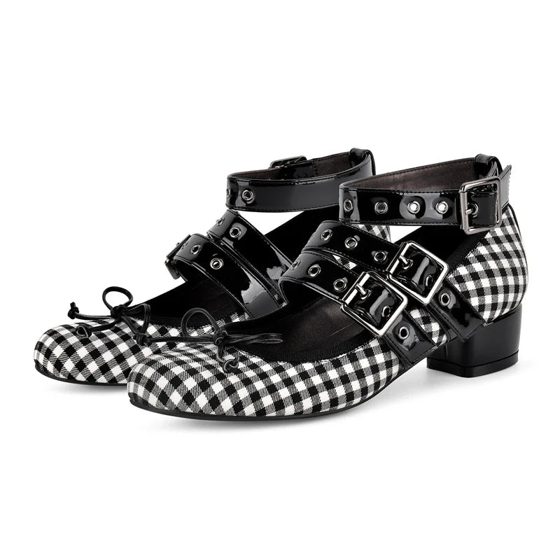Gingham buckle strap block heel pumps angled view
