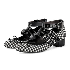 Gingham buckle strap block heel pumps angled view