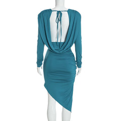 Draped Knot Deep Neck Long-Sleeve Mini Dress