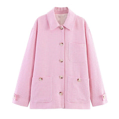 Pink checkered jacket with button details on a white background