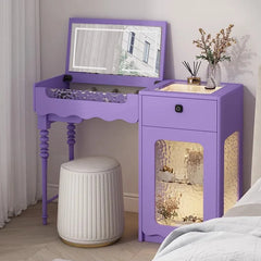 Purple vanity table with mirror and stool in a room setting