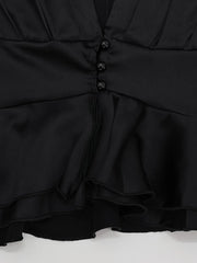 Satin Cropped V-Neck Long Sleeve Peplum Top