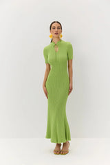 Woman wearing a green dress against a white background