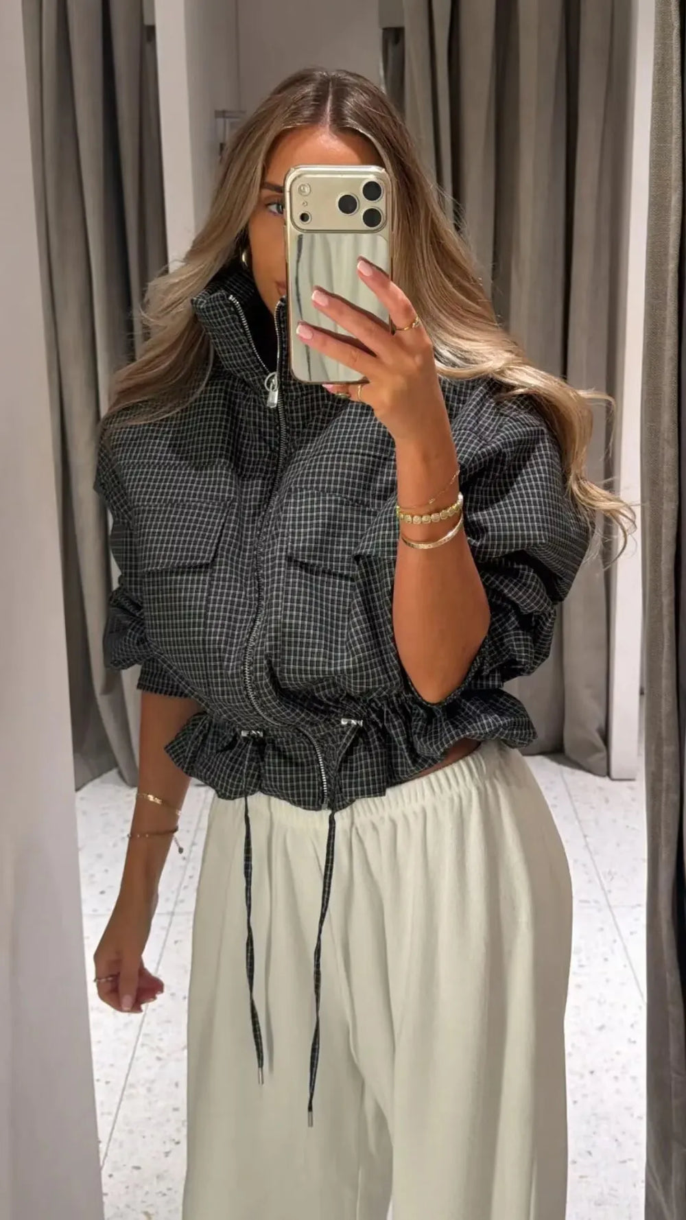 Plaid drawstring waist cropped jacket on model