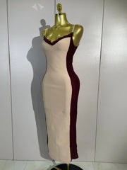 Lace Trim Colorblock Sleeveless Bodycon Midi Dress