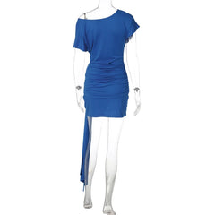 Blue off-shoulder dress on a mannequin against a white background