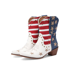 Cowboy boots with American flag design on a white background