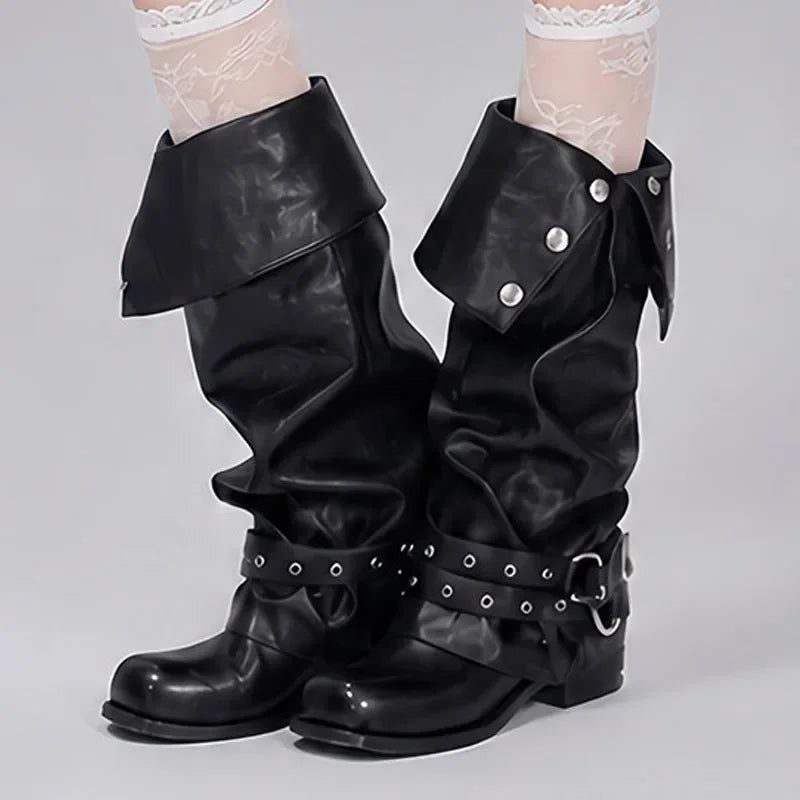 Foldable snap button knee-high boots with buckle strap detail