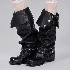 Foldable snap button knee-high boots with buckle strap detail