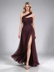Brown one-shoulder draped formal gown with a high leg slit.