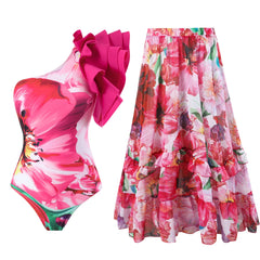 Tie-Strap V-Neck One-Piece Swimsuit with Matching Sarong Set