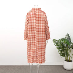 Red Gingham Lapel Long Trench Coat