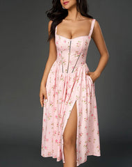 Floral Print Slit Thick Strap Midi Dress