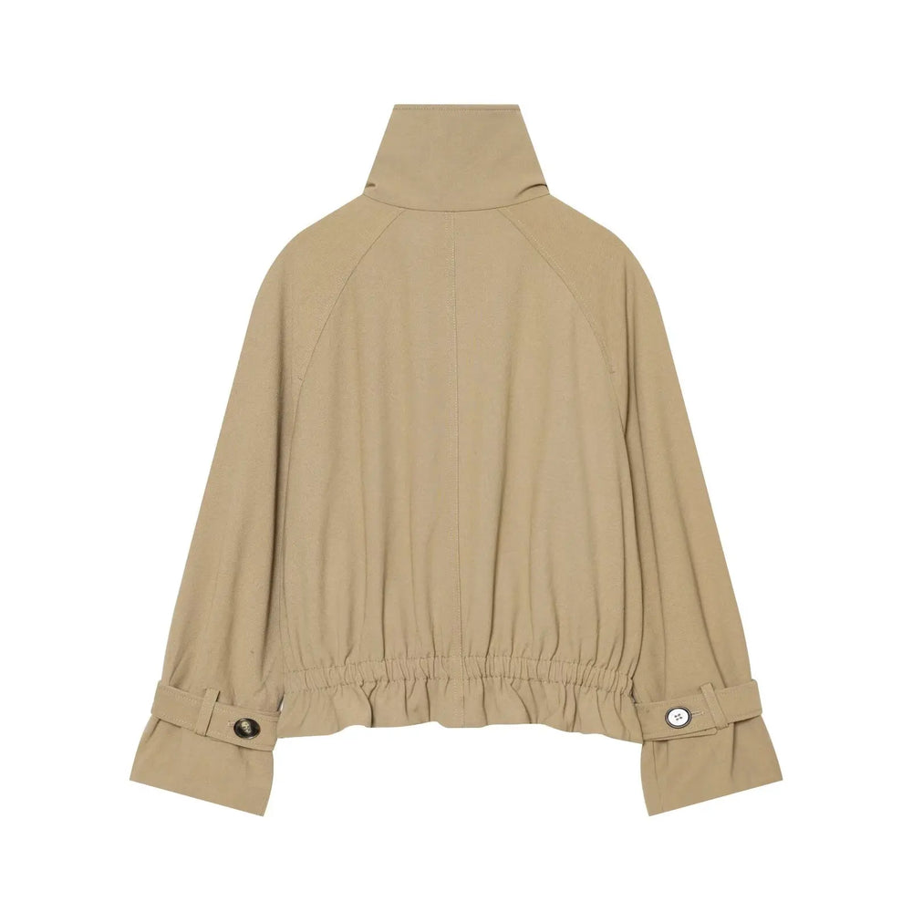 Back view of stand collar double breasted coat