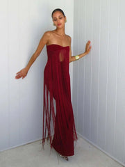Burgundy Strapless Fringed Maxi Dress