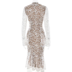 White Long Sleeve Lace Turtleneck Midi Dress
