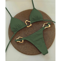 Solid Color Bikini with Gold Ring Detail